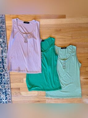 Kissfix Ribbed Henley Tank Top Trio - Pink, Green, Mint Womens L